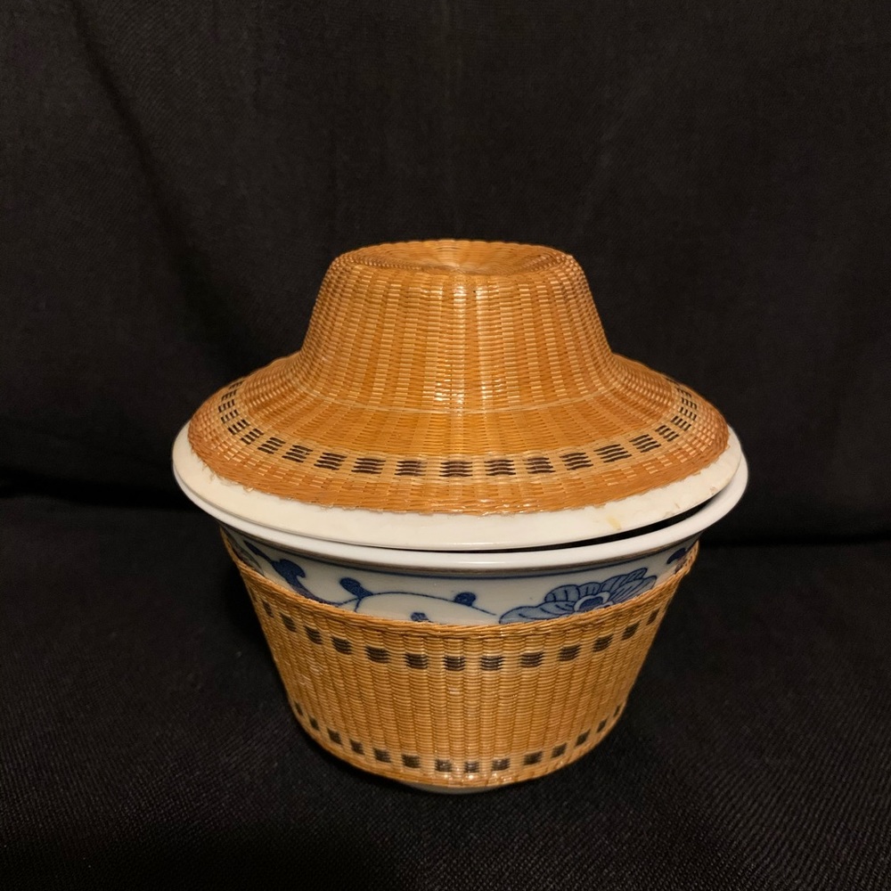 Vintage Bamboo Wrapped Porcelain Gaiwan Teapot